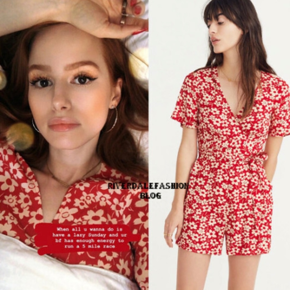Madewell Wrap-Front Romper in Mini Daisy short sleeve women red white 2